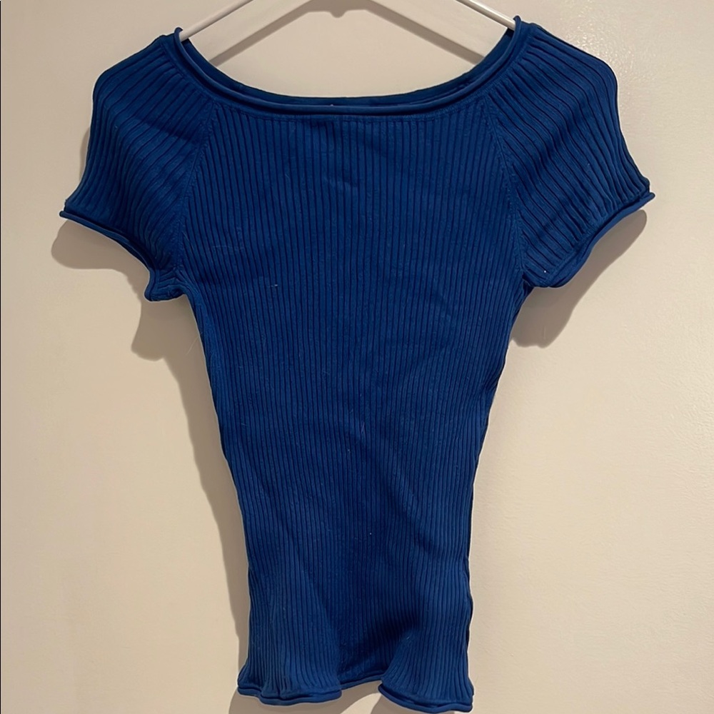 INC International Concepts Blue Ribbed Cap Sleeve Tee
